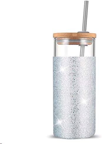 Tronco 20 oz Glass Tumbler with Lid and Straw, Iced Coffee Cup and Smoothie Cup with Bamboo Lids & Protective Silicone Sleeve, Dishwasher Safe, BPA-Free, Glass Cup 1 Pack - Colors B