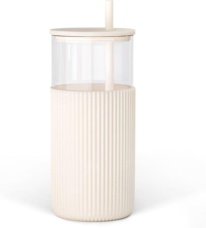 SANDJEST Glass Tumbler with Straw and Lid, Glass Water Bottle with Silicone Sleeve 20oz, Smoothie, Iced Coffee Cup, Gifts for Women Teen Girls Birthday Christmas (Cream)
