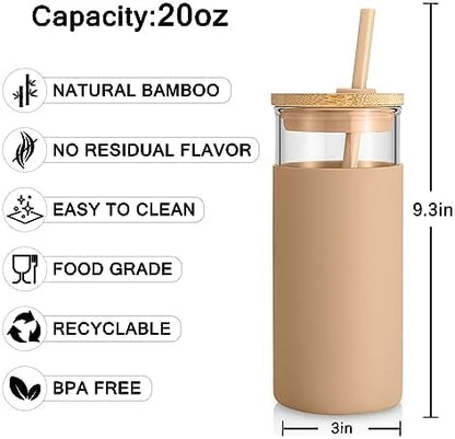 Tronco 20 oz Glass Tumbler with Lid and Straw, Iced Coffee Cup and Smoothie Cup with Bamboo Lids & Protective Silicone Sleeve, Dishwasher Safe, BPA-Free, Glass Cup 1 Pack - Colors A