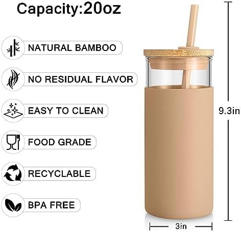 Tronco 20 oz Glass Tumbler with Lid and Straw, Iced Coffee Cup and Smoothie Cup with Bamboo Lids & Protective Silicone Sleeve, Dishwasher Safe, BPA-Free, Glass Cup 1 Pack - Colors B