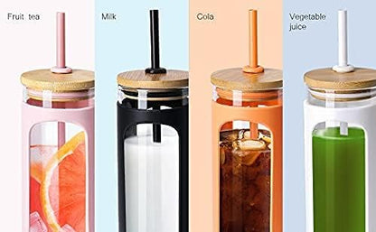 Kodrine 20oz Glass Water Tumbler with Straw and Lid, Bamboo Lids Water Bottle, Iced Coffee Cup Reusable, Wide Mouth Smoothie Cups with Protective Silicone Sleeve BPA FREE-Black - Colors A