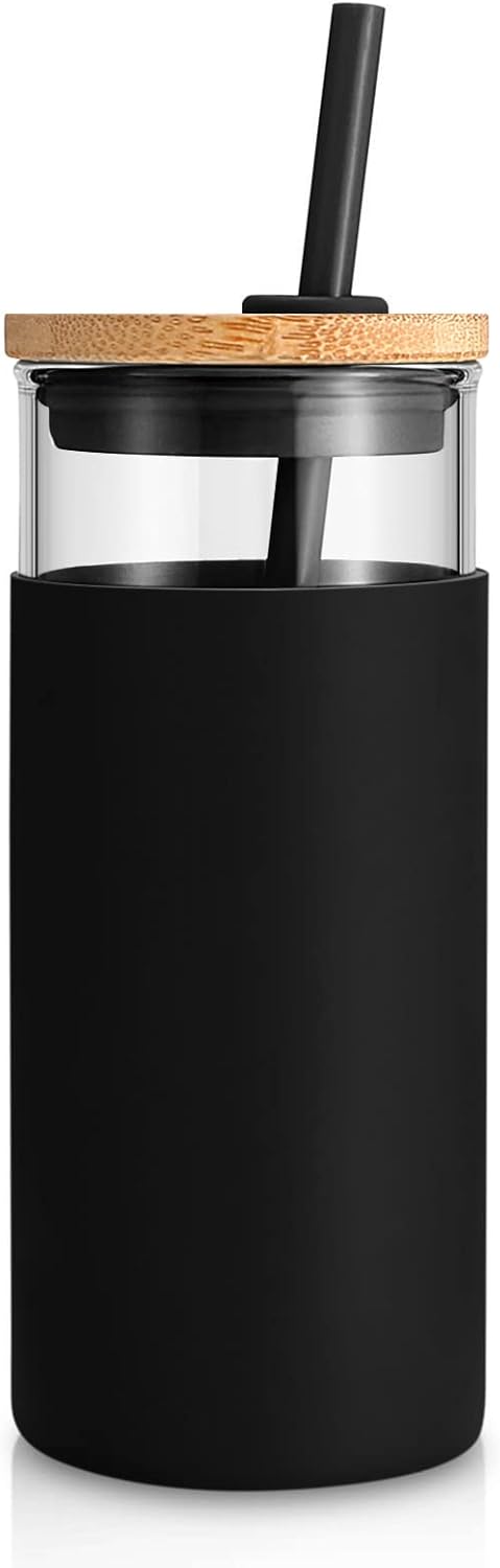 Tronco 20 oz Glass Tumbler with Lid and Straw, Iced Coffee Cup and Smoothie Cup with Bamboo Lids & Protective Silicone Sleeve, Dishwasher Safe, BPA-Free, Glass Cup 1 Pack - Colors A