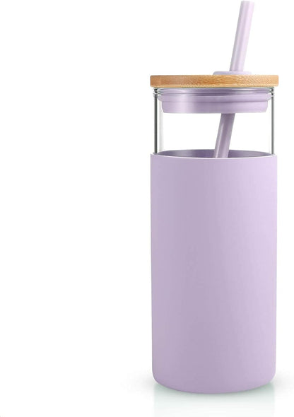 Tronco 20 oz Glass Tumbler with Lid and Straw, Iced Coffee Cup and Smoothie Cup with Bamboo Lids & Protective Silicone Sleeve, Dishwasher Safe, BPA-Free, Glass Cup 1 Pack - Colors A