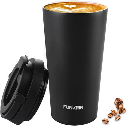 Funkrin Insulated Coffee Mug with Ceramic Coating, 16oz Iced Coffee Tumbler Cup with Flip Lid and Handle, Double Wall Vacuum Leak-Proof Travel Mug for Office School Party Camping