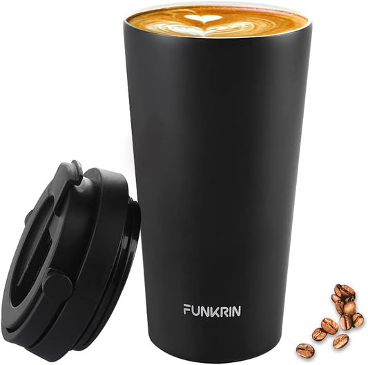Funkrin Insulated Coffee Mug with Ceramic Coating, 16oz Iced Coffee Tumbler Cup with Flip Lid and Handle, Double Wall Vacuum Leak-Proof Travel Mug for Office School Party Camping