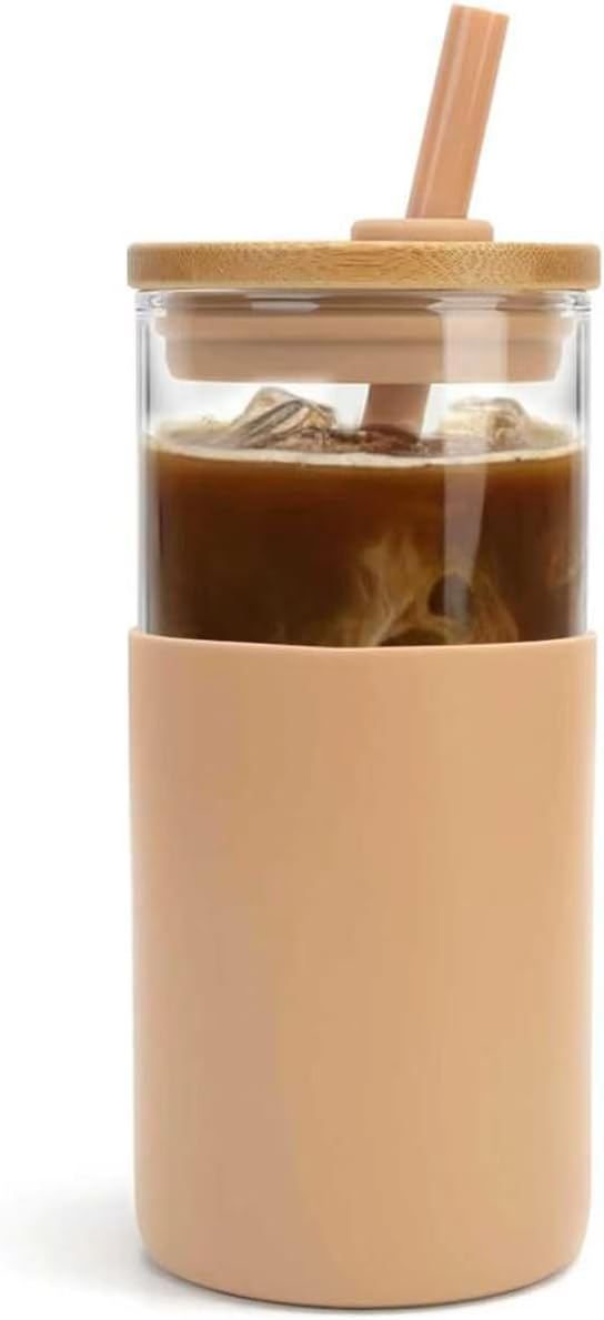 Tronco 24 oz Glass Tumbler with Lids and Straw, Reusable Iced Coffee Cup & Smoothie Cup with Bamboo Lid, Silicone Sleeve, Dishwasher Safe, BPA-Free Borosilicate Glass, 1 Pack