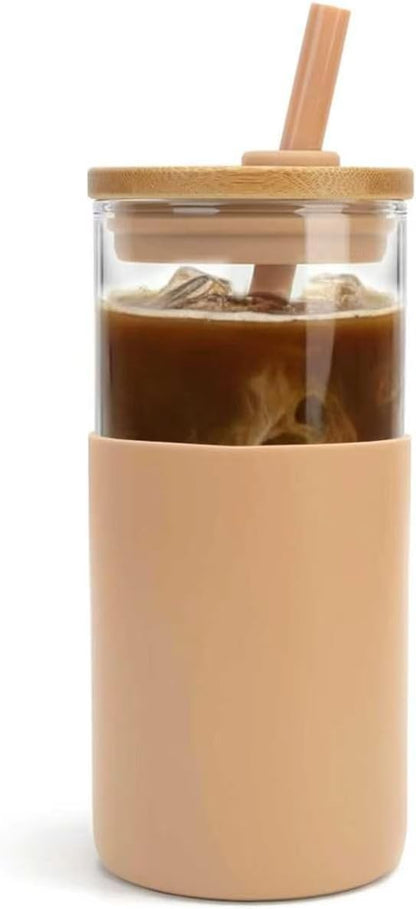 Tronco 24 oz Glass Tumbler with Lids and Straw, Reusable Iced Coffee Cup & Smoothie Cup with Bamboo Lid, Silicone Sleeve, Dishwasher Safe, BPA-Free Borosilicate Glass, 1 Pack