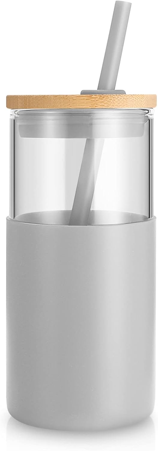 Tronco 24 oz Glass Tumbler with Lids and Straw, Reusable Iced Coffee Cup & Smoothie Cup with Bamboo Lid, Silicone Sleeve, Dishwasher Safe, BPA-Free Borosilicate Glass, 1 Pack