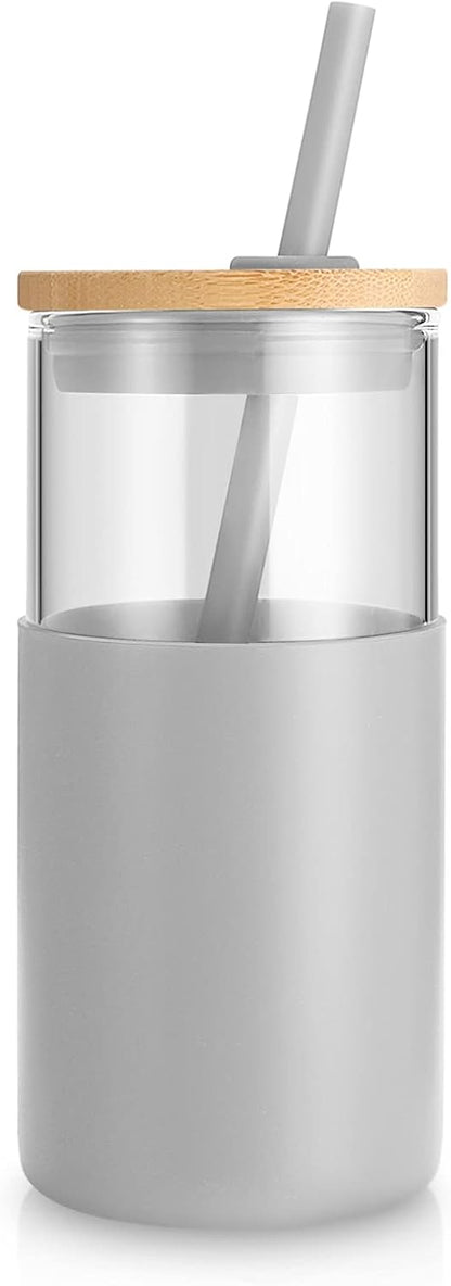Tronco 24 oz Glass Tumbler with Lids and Straw, Reusable Iced Coffee Cup & Smoothie Cup with Bamboo Lid, Silicone Sleeve, Dishwasher Safe, BPA-Free Borosilicate Glass, 1 Pack