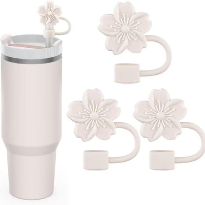 Cherry Blossom Silicone Straw Toppers for Stanley Cup, Beige Floral Tumbler Lid Accessories, 3 Pack Dust Cover Set, 10mm Compatible
