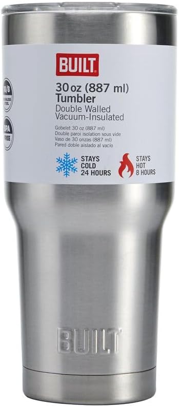 Built 30oz Insulated Coffee Tumbler, Stainless Brushed - Reusable Stainless Steel Travel Mug with Slide Lid, Double Wall Thermal Cup for Hot or Cold Drinks - BPA-Free, Car Cup Holder Friendly