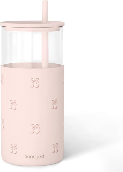 SANDJEST Glass Tumbler with Straw and Lid, Glass Water Bottle with Silicone Sleeve 20oz, Smoothie, Iced Coffee Cup, Gifts for Women Teen Girls Birthday Christmas (Cream)
