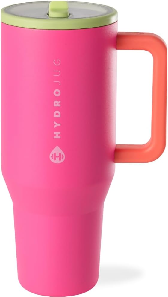 HydroJug Traveler - 40 oz Water Bottle with Handle & Flip Straw - Fits in Cup Holder, Leak Resistant Tumbler-Reusable Insulated Stainless Steel & Rubber Base - Gifts for Women & Men, Light Blue