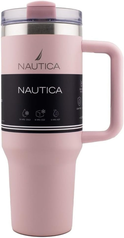 Nautica 40oz Insulated Tumbler with Handle and Straw, Stainless Steel Double Wall Vacuum Travel Mug, Leak-Resistant 3-Way Lid, Keeps Cold for 24 Hours, Fits Car Cup Holders (NAVY)