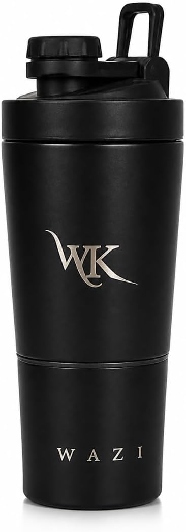 WAZI Klean Stainless Steel Insulated Shaker Bottle 20oz / 600ml with Storage Compartment, Leakproof Silent Mixing Lid, BPA Free for Protein Shakes, Pre Workout, Smoothies & Gym