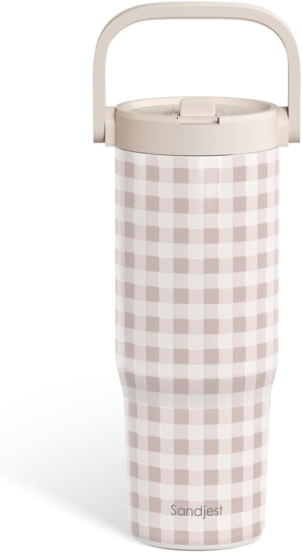 SANDJEST Leopard Skin Stainless Steel Straw Lid Tumbler 30oz with Carry Handle for Women Girls, Insulated Travel Coffee Cup, Gift for Sports Outdoor Workout Christmas Birthday (Beige)