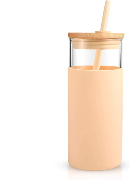 Tronco 20 oz Glass Tumbler with Lid and Straw, Iced Coffee Cup and Smoothie Cup with Bamboo Lids & Protective Silicone Sleeve, Dishwasher Safe, BPA-Free, Glass Cup 1 Pack - Colors A