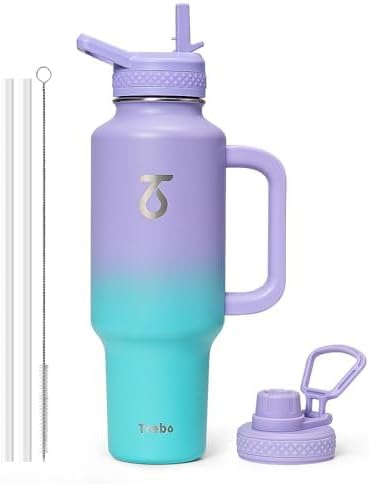 Trebo 40 oz Water Bottle Insulated Fit Car Cup Holder with Handle, Stainless Steel Water Bottles Tumbler with Spout Straw Lids, Double Wall Travel Reusable Flask, Leakproof Mug,Keep Cold &Hot,Black