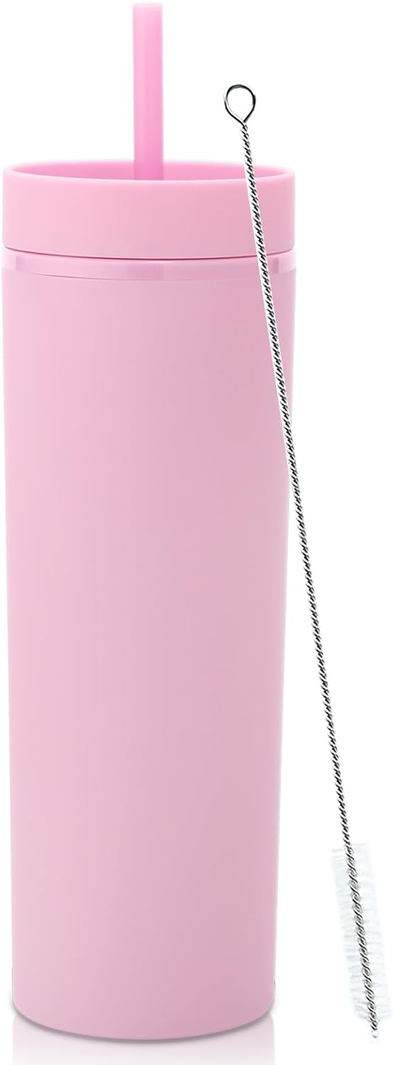 Volhoply 20oz Plastic Skinny Tumbler,Double Wall Tumblers with Lid and Straw,Reusable Travel Iced Coffee Mug,BPA Free Matte Acrylic Water Cups With Straw for Parties,DIY Gifts(Clear,1 Set)