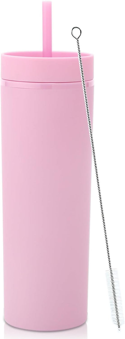 Volhoply 20oz Plastic Skinny Tumbler,Double Wall Tumblers with Lid and Straw,Reusable Travel Iced Coffee Mug,BPA Free Matte Acrylic Water Cups With Straw for Parties,DIY Gifts(Clear,1 Set)