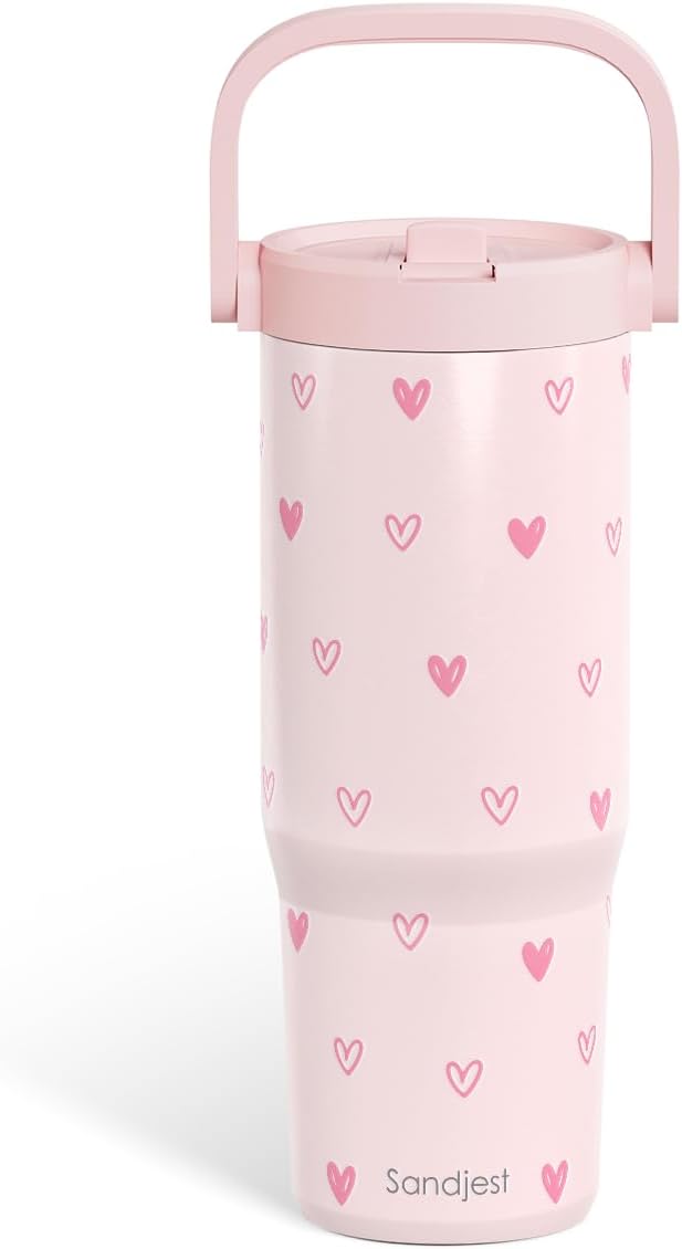 SANDJEST Leopard Skin Stainless Steel Straw Lid Tumbler 30oz with Carry Handle for Women Girls, Insulated Travel Coffee Cup, Gift for Sports Outdoor Workout Christmas Birthday (Beige)