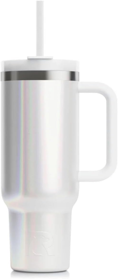 RTIC 40 oz Ceramic Lined Road Trip Tumbler, Leak-Resistant Lid with Straw, White Glitter