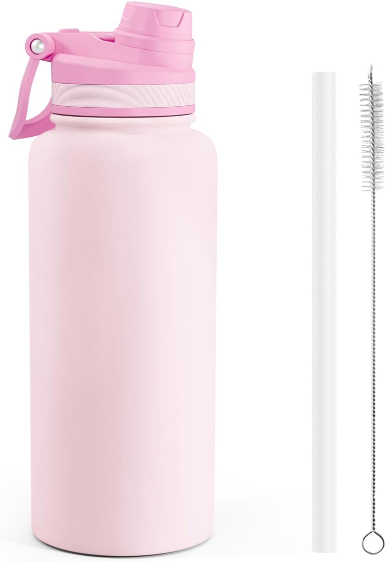 SANDJEST Pickleball Stainless Steel Water Bottle with Strap 32oz, Insulated Bottles with Straw and Spout Lid for Gym Sports Travel Outdoor, Gifts for Women Girls Birthday Christmas