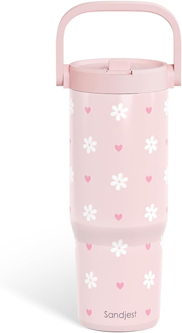 SANDJEST Leopard Skin Stainless Steel Straw Lid Tumbler 30oz with Carry Handle for Women Girls, Insulated Travel Coffee Cup, Gift for Sports Outdoor Workout Christmas Birthday (Beige)