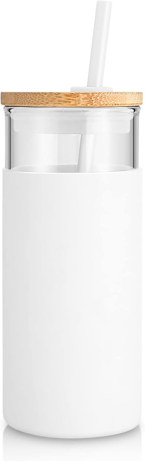 Tronco 20 oz Glass Tumbler with Lid and Straw, Iced Coffee Cup and Smoothie Cup with Bamboo Lids & Protective Silicone Sleeve, Dishwasher Safe, BPA-Free, Glass Cup 1 Pack - Colors B