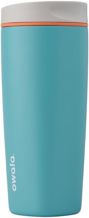 Owala SmoothSip Slider Insulated Stainless Steel Coffee Tumbler, Reusable Iced Coffee Cup, Hot Coffee Travel Mug, BPA Free 20 oz, Grey/Blue (High Dive)