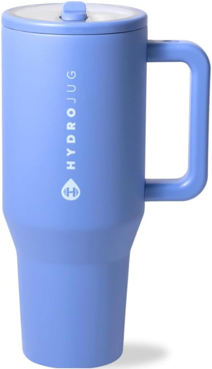 HydroJug Traveler - 40 oz Water Bottle with Handle & Flip Straw - Fits in Cup Holder, Leak Resistant Tumbler-Reusable Insulated Stainless Steel & Rubber Base - Gifts for Women & Men, Light Blue