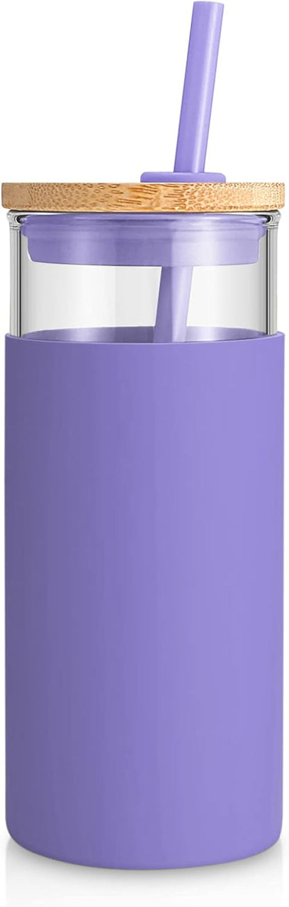 Tronco 20 oz Glass Tumbler with Lid and Straw, Iced Coffee Cup and Smoothie Cup with Bamboo Lids & Protective Silicone Sleeve, Dishwasher Safe, BPA-Free, Glass Cup 1 Pack - Colors B