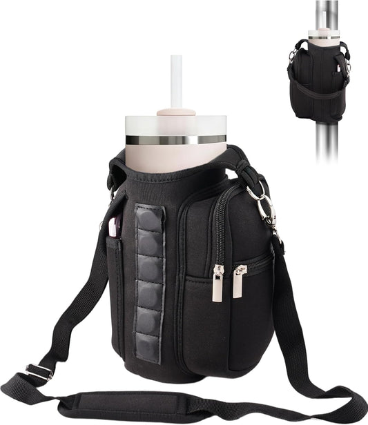 Tumbler Carrier Bag with Adjustable Shoulder Strap, Water Bottle Carrier with Phone Pockets for Stanley Cup 40/30oz, Crossbody Bag with 6 Built-in Magnets, Gym Sports Magnetic Bag for Holding Water