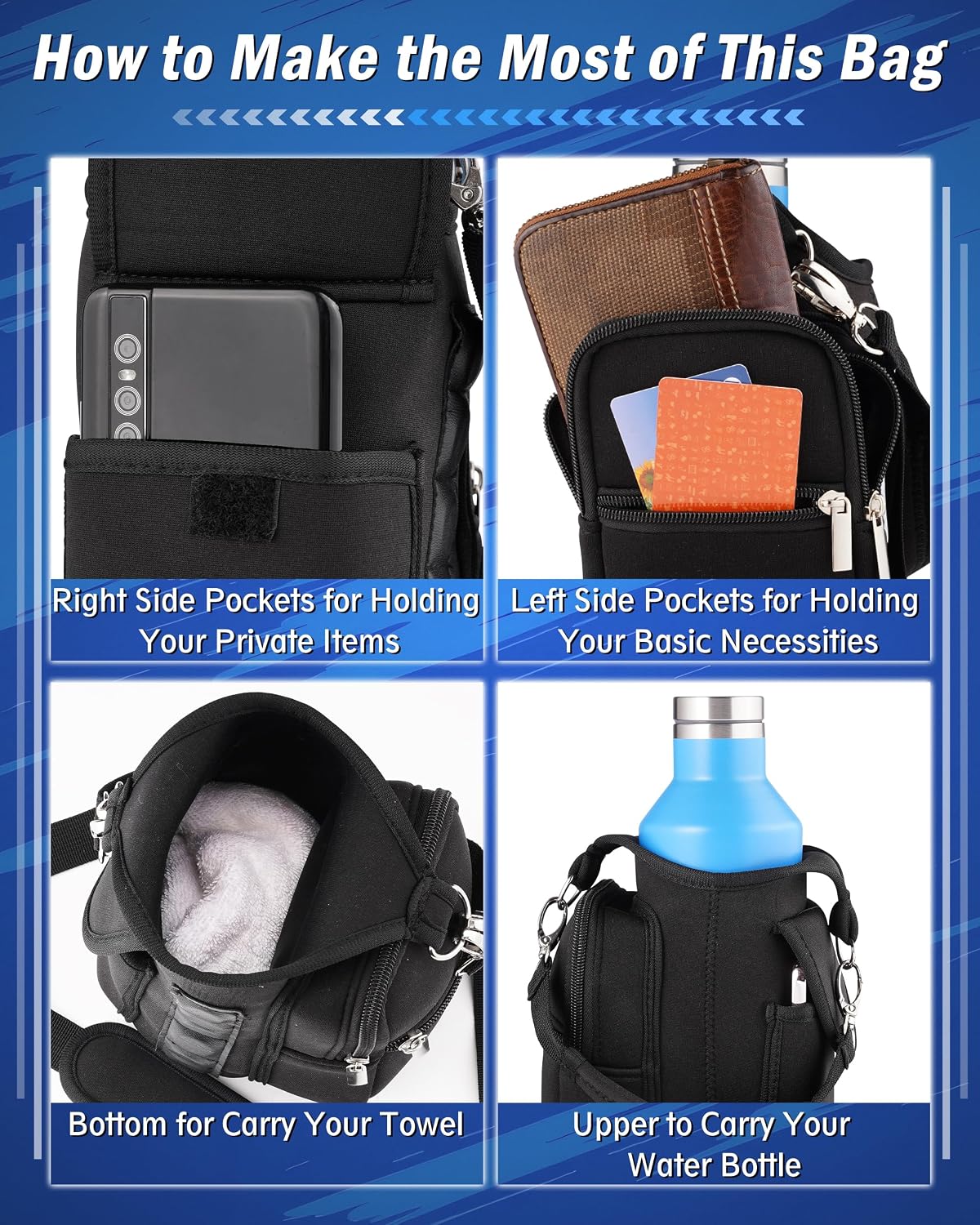 Tumbler Carrier Bag with Adjustable Shoulder Strap, Water Bottle Carrier with Phone Pockets for Stanley Cup 40/30oz, Crossbody Bag with 6 Built-in Magnets, Gym Sports Magnetic Bag for Holding Water