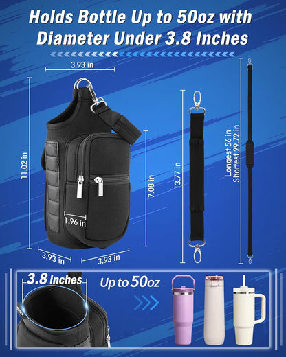Tumbler Carrier Bag with Adjustable Shoulder Strap, Water Bottle Carrier with Phone Pockets for Stanley Cup 40/30oz, Crossbody Bag with 6 Built-in Magnets, Gym Sports Magnetic Bag for Holding Water