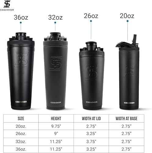 Ice Shaker Insulated Stainless Steel Shaker Bottle | 26oz, Bomber | Cold for 30+ Hours | Insulated Cup with Twist-on Agitator | Odor-Free Bottle for Protein Shakes, Water, Smoothies, Cocktails