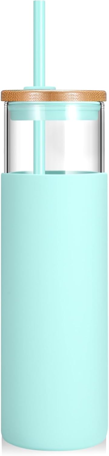 Tronco 24 oz Glass Tumbler with Lids and Straw, Reusable Iced Coffee Cup & Smoothie Cup with Bamboo Lid, Silicone Sleeve, Dishwasher Safe, BPA-Free Borosilicate Glass, 1 Pack