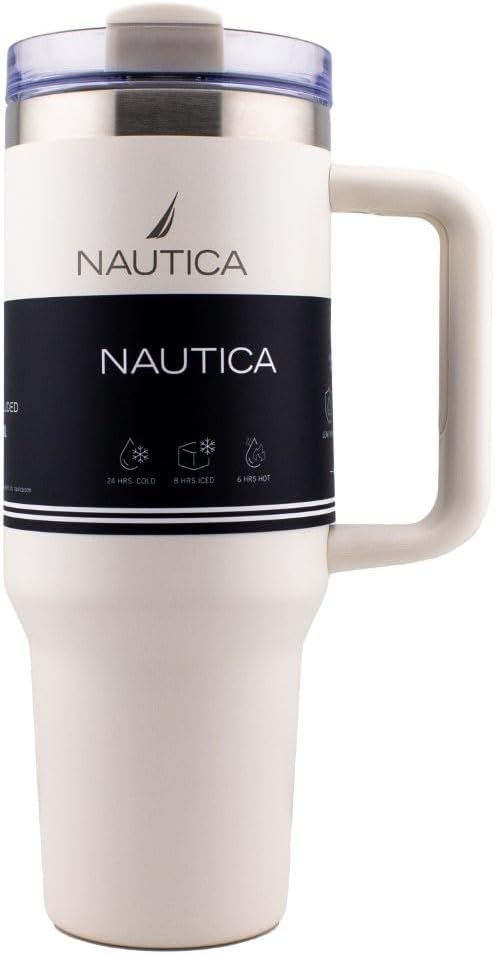 Nautica 40oz Insulated Tumbler with Handle and Straw, Stainless Steel Double Wall Vacuum Travel Mug, Leak-Resistant 3-Way Lid, Keeps Cold for 24 Hours, Fits Car Cup Holders (NAVY)