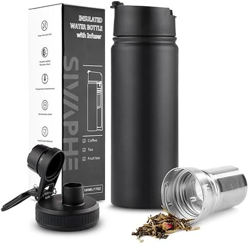 Sivaphe Tea Infuser Bottle With Removable Loose Leaf Tea Strainer Cup 18/8 Stainless Steel Portable Insulated Travel Tea Tumbler Black