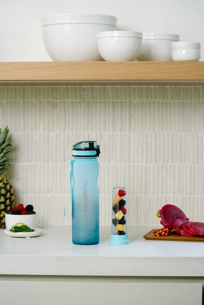 Infusion Pro 32 oz Fruit Infuser Water Bottle with Time Marker - Flip Top Locking Lid, Insulated Sleeve & 50 Recipe Fruit Infusion Water eBook : Leak Proof : for Gym, Sports, Travel : Unique Gift Idea