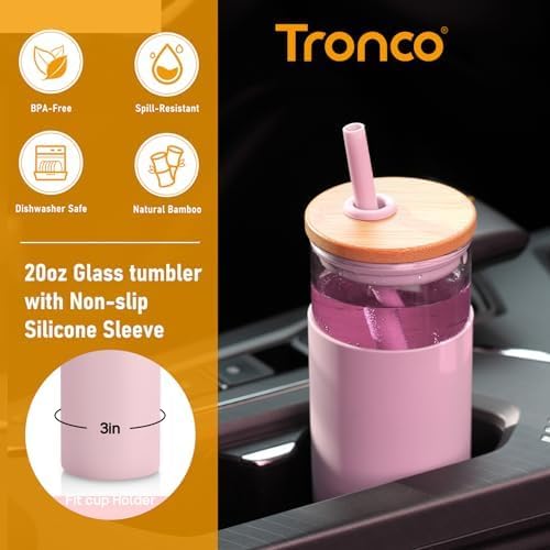 Tronco 20 oz Glass Tumbler with Lid and Straw, Iced Coffee Cup and Smoothie Cup with Bamboo Lids & Protective Silicone Sleeve, Dishwasher Safe, BPA-Free, Glass Cup 1 Pack - Colors A