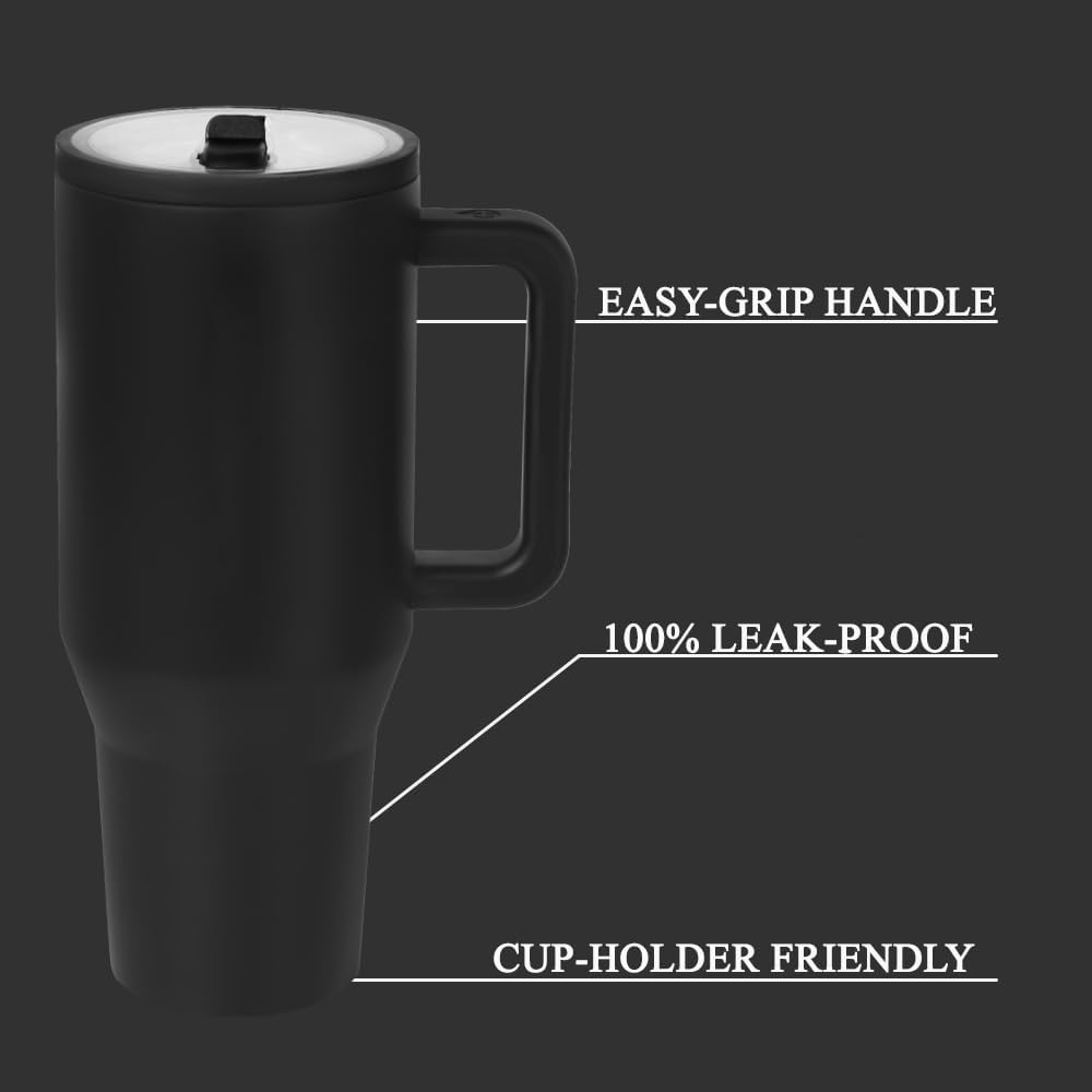40 oz Tumbler with Handle, 100% Leakproof Insulated Tumbler with Lid and Straw, Stainless Steel Travel Mug, Water Bottle with Flip Straw, Keep Drinks Cold or Hot, Black