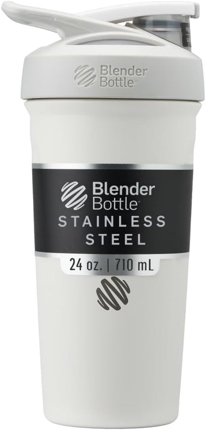 BlenderBottle Strada Shaker Cup Insulated Stainless Steel Water Bottle with Wire Whisk, 24-Ounce, White