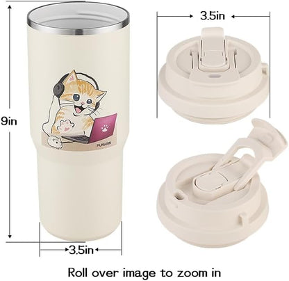 Funkrin Coffee Travel Mug with Straw & Flip Lid, 16oz Insulated Tumbler Cup with Ceramic Coating, Double Wall Vacuum Leak-Proof Mug for Office School Party Camping