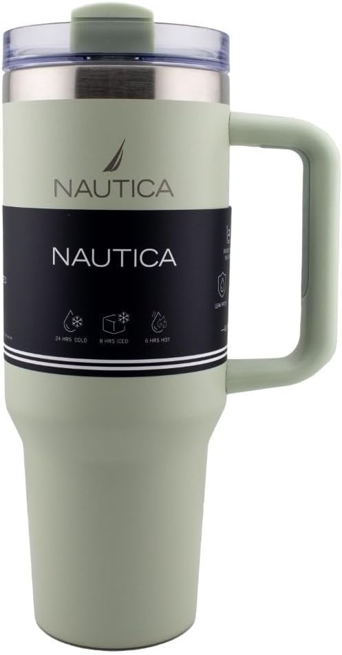 Nautica 40oz Insulated Tumbler with Handle and Straw, Stainless Steel Double Wall Vacuum Travel Mug, Leak-Resistant 3-Way Lid, Keeps Cold for 24 Hours, Fits Car Cup Holders (NAVY)