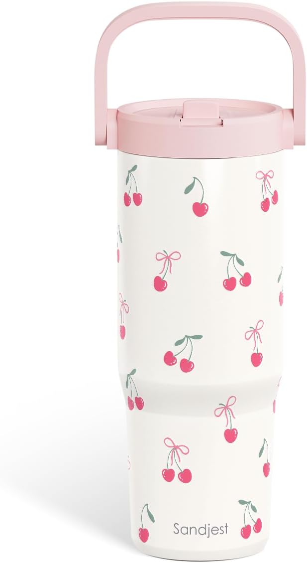 SANDJEST Leopard Skin Stainless Steel Straw Lid Tumbler 30oz with Carry Handle for Women Girls, Insulated Travel Coffee Cup, Gift for Sports Outdoor Workout Christmas Birthday (Beige)