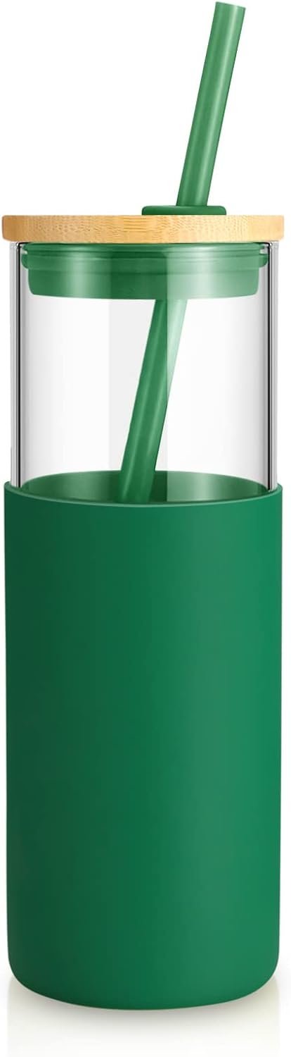 Tronco 24 oz Glass Tumbler with Lids and Straw, Reusable Iced Coffee Cup & Smoothie Cup with Bamboo Lid, Silicone Sleeve, Dishwasher Safe, BPA-Free Borosilicate Glass, 1 Pack