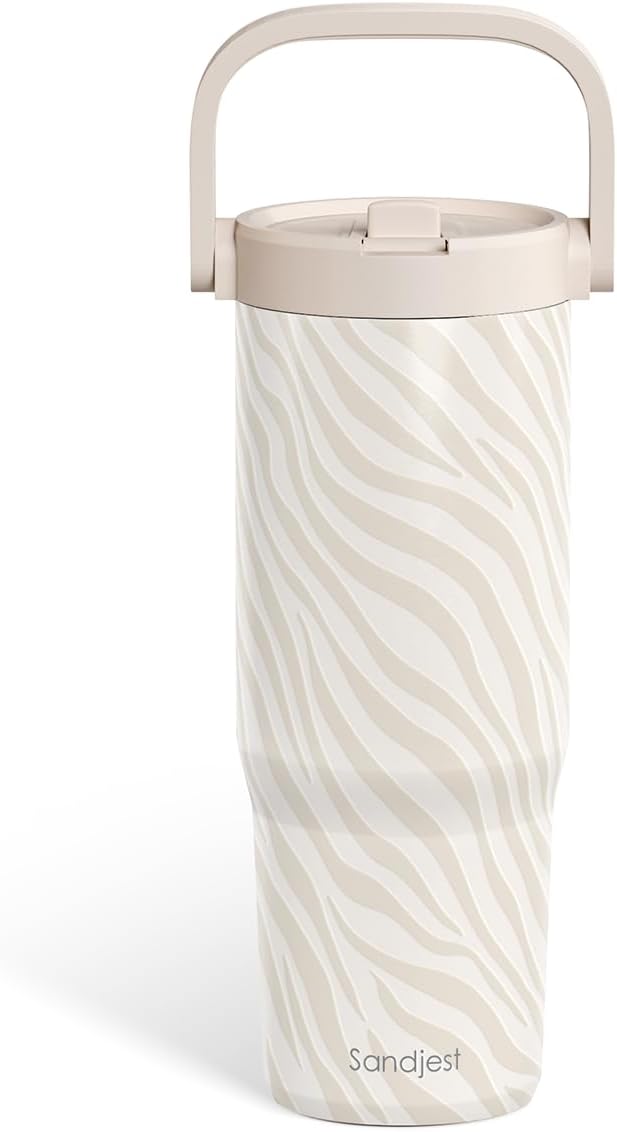 SANDJEST Leopard Skin Stainless Steel Straw Lid Tumbler 30oz with Carry Handle for Women Girls, Insulated Travel Coffee Cup, Gift for Sports Outdoor Workout Christmas Birthday (Beige)