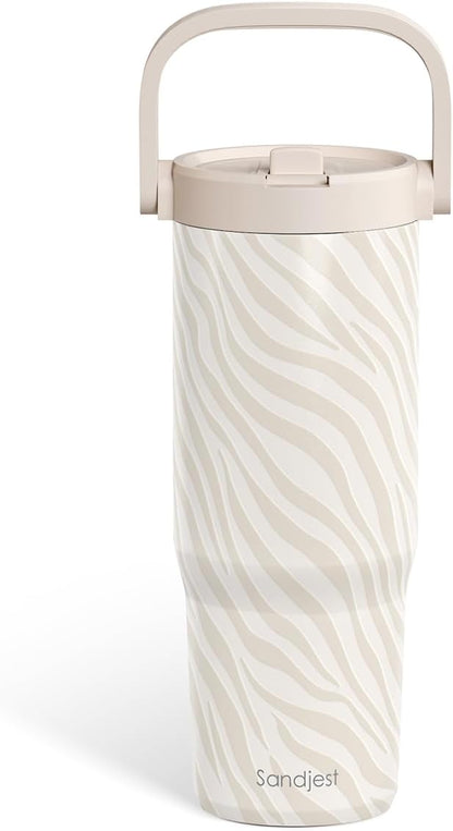 SANDJEST Leopard Skin Stainless Steel Straw Lid Tumbler 30oz with Carry Handle for Women Girls, Insulated Travel Coffee Cup, Gift for Sports Outdoor Workout Christmas Birthday (Beige)
