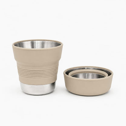 Ultralight Collapsible Travel Cup 16 oz, BPA Free Silicone & Stainless Steel Camping Mug, Foldable Portable Cup for Hiking, Backpacking, Outdoor Coffee Mug (Khaki)